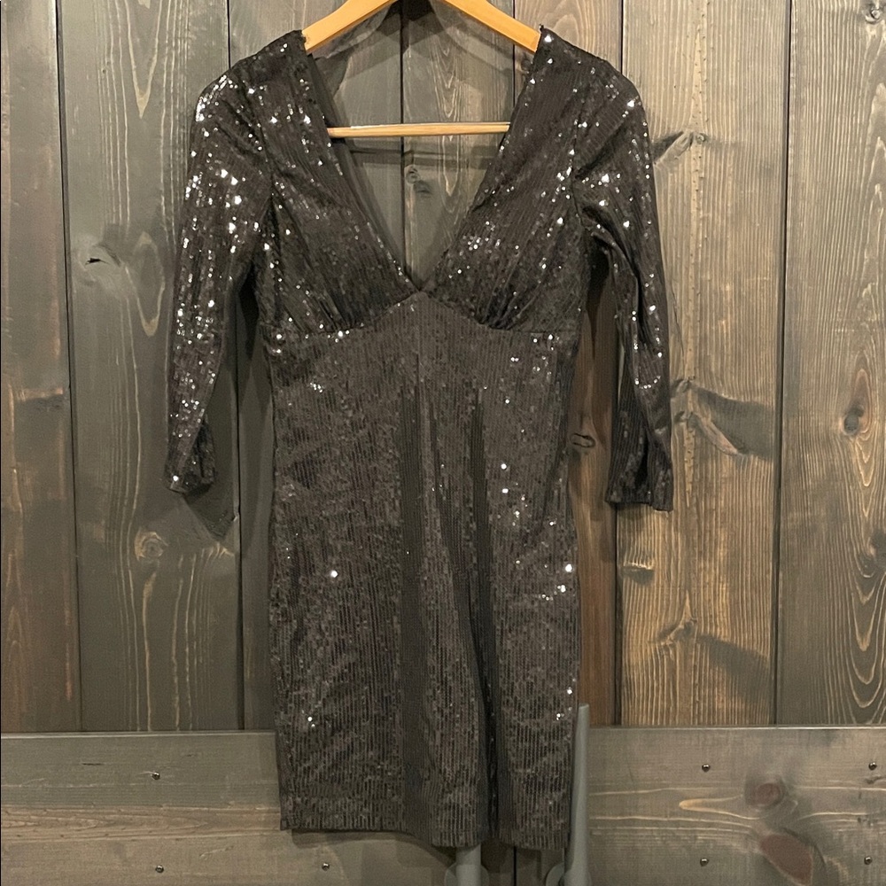 Black Sequin 3/4 Sleeve Little Black Dress